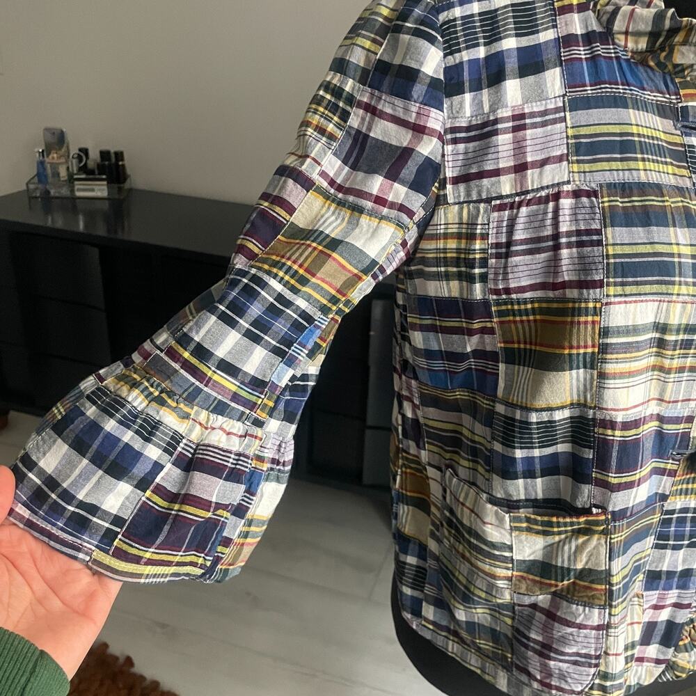 90s J. Crew Women's 6 Rainbow Madras Plaid Ruffled Swing 1/4 Sleeve Jacket - Picture 4 of 9
